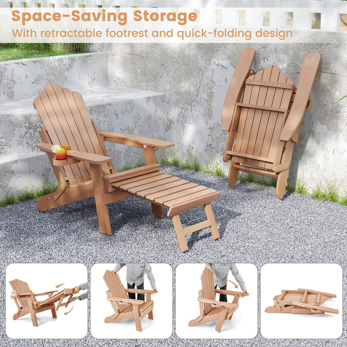 All-Weather HIPS Patio Adirondack Lounge Chair with Retractable Footrest-Coffee