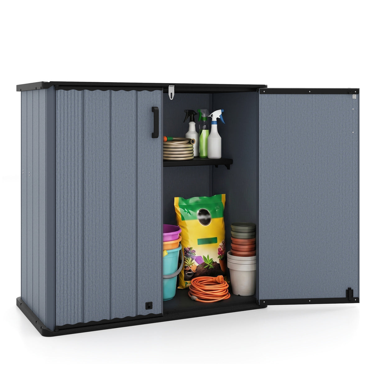 All-Weather Storage Box with Floor and Removable Shelf for Patio and Lawn-Gray