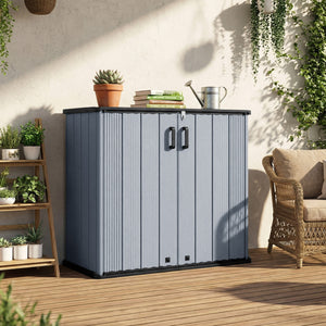 All-Weather Storage Box with Floor and Removable Shelf for Patio and Lawn-Gray