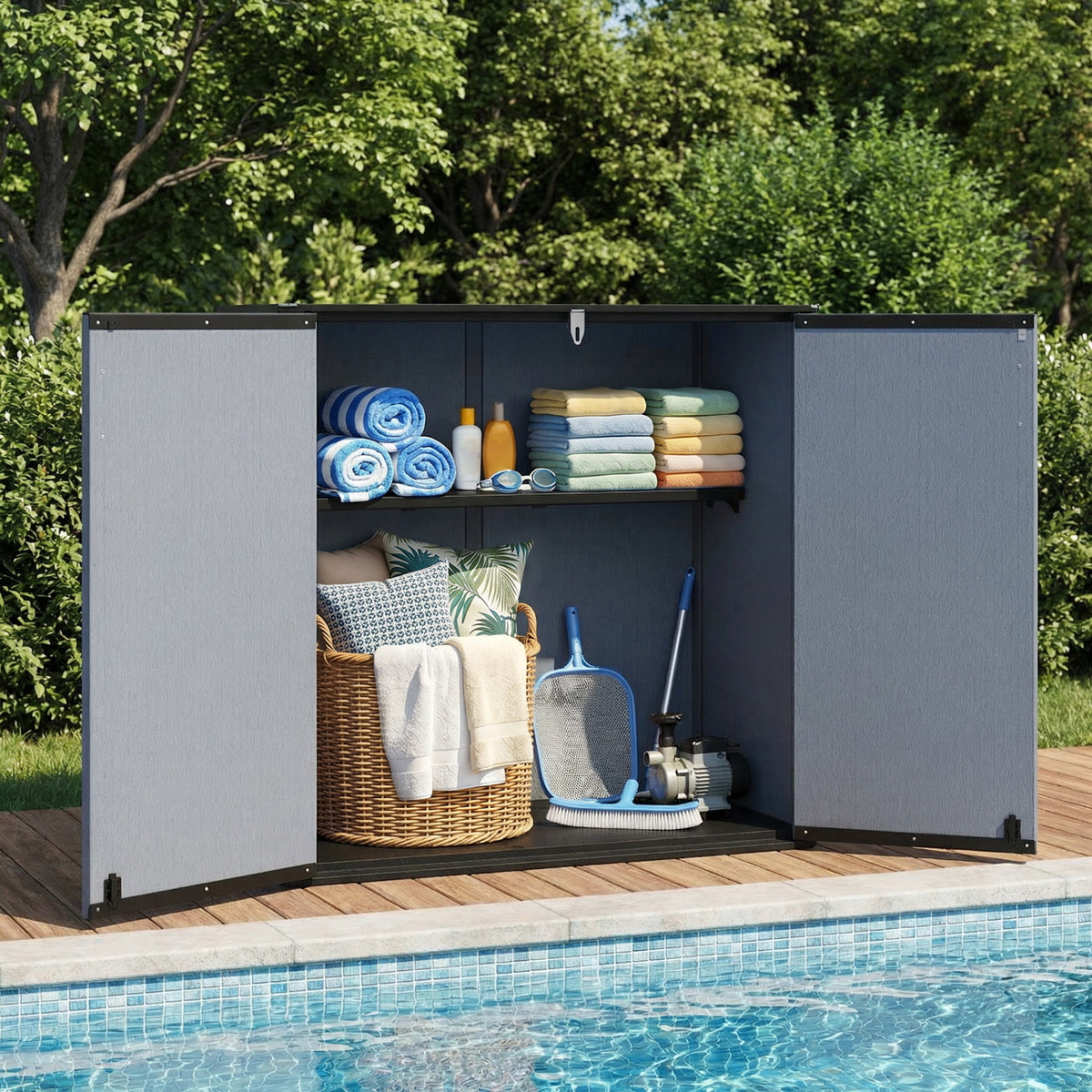 All-Weather Storage Box with Floor and Removable Shelf for Patio and Lawn-Gray