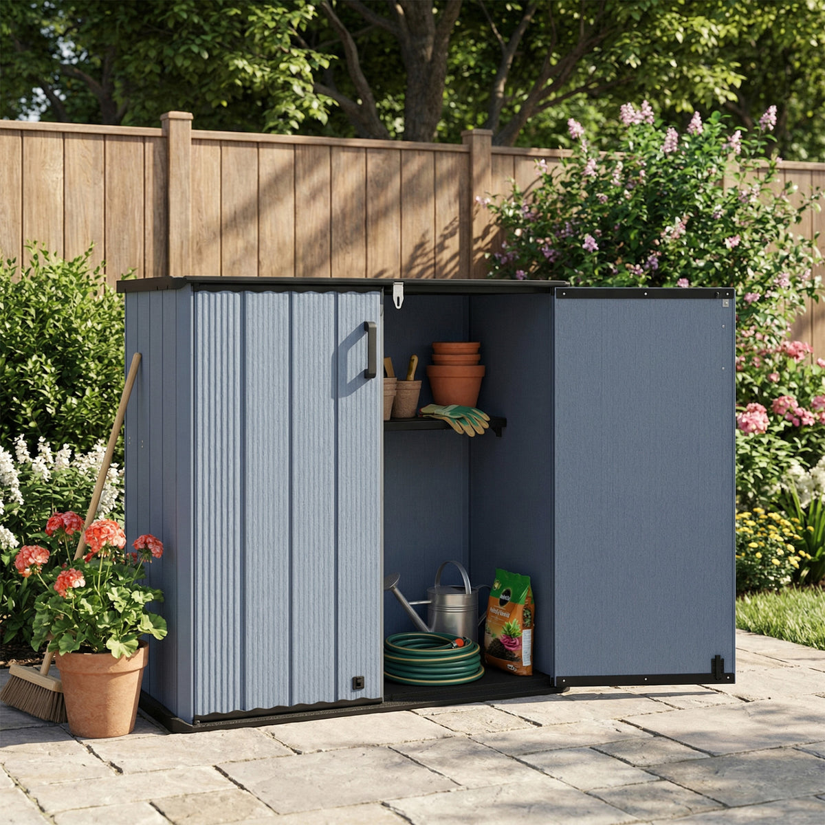 All-Weather Storage Box with Floor and Removable Shelf for Patio and Lawn-Gray
