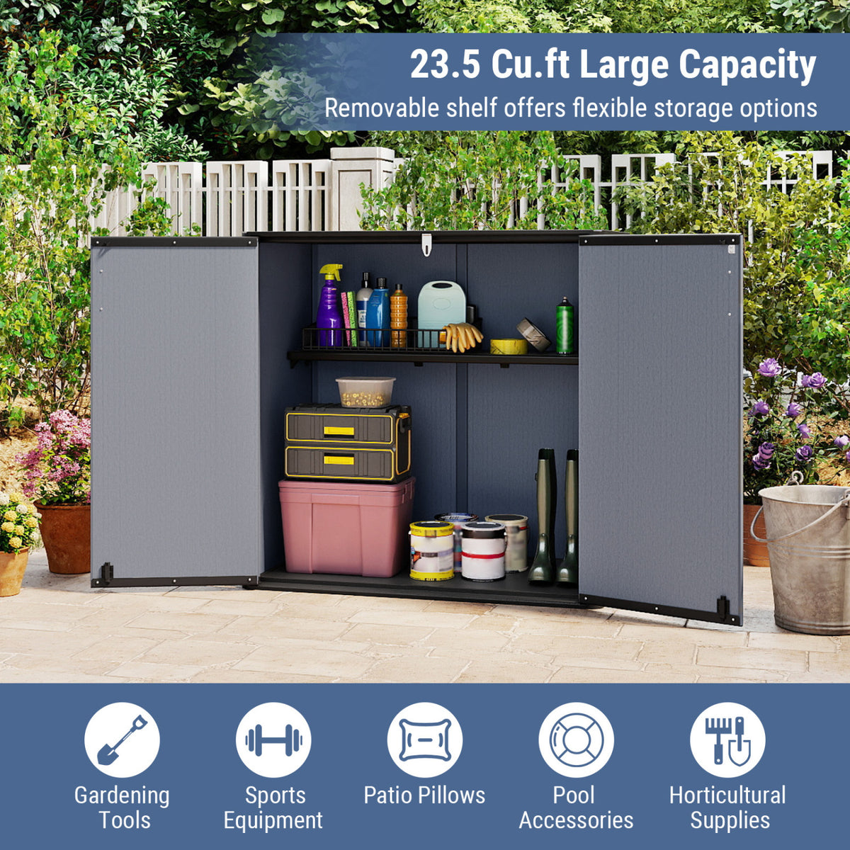 All-Weather Storage Box with Floor and Removable Shelf for Patio and Lawn-Gray