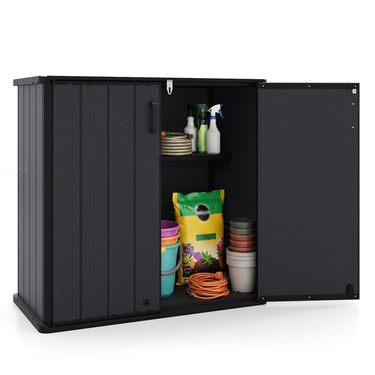 All-Weather Storage Box with Floor and Removable Shelf for Patio and Lawn-Black