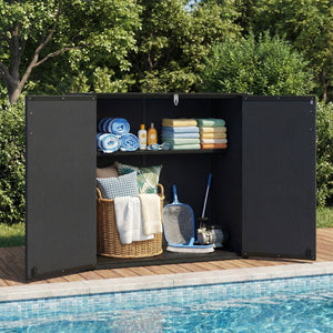 All-Weather Storage Box with Floor and Removable Shelf for Patio and Lawn-Black