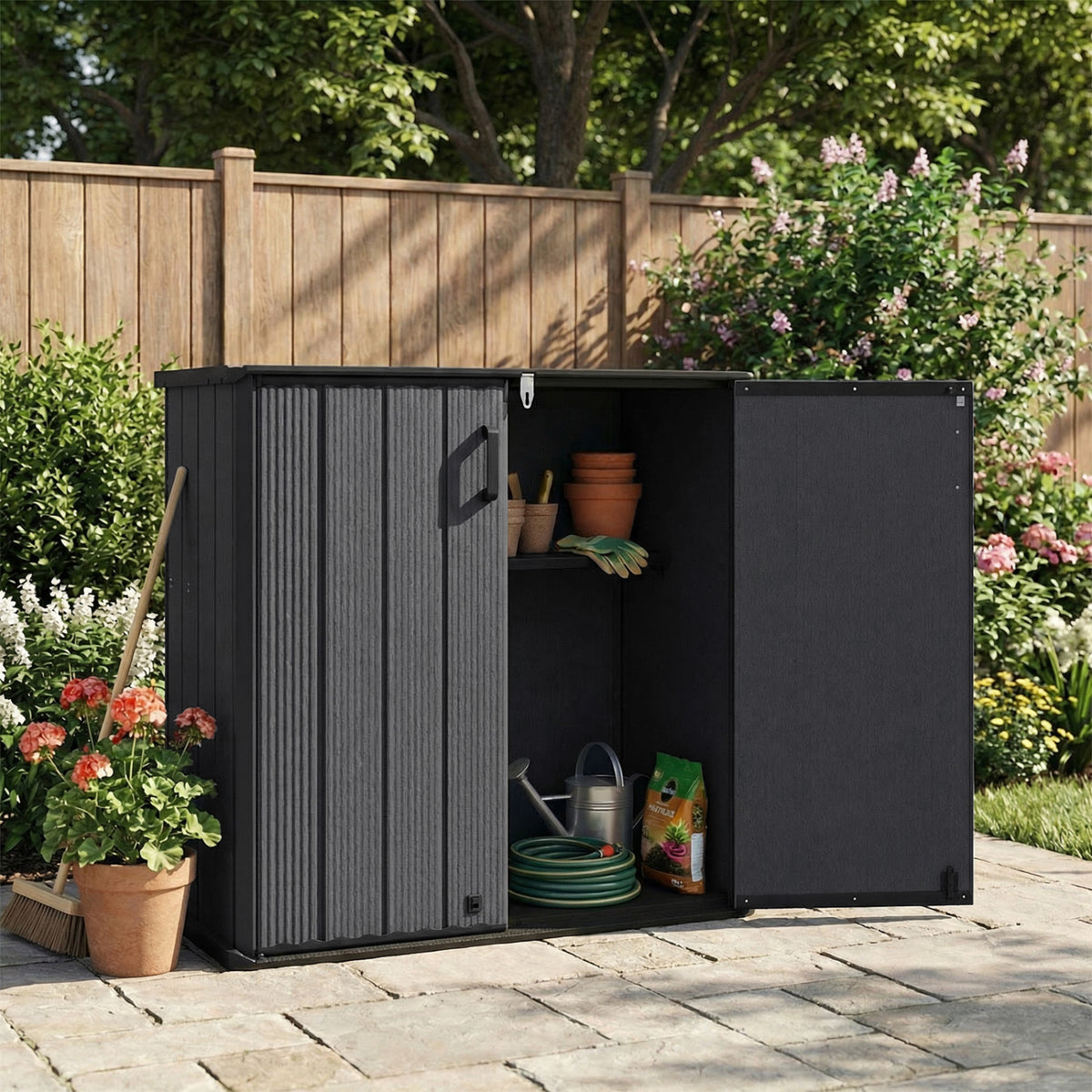 All-Weather Storage Box with Floor and Removable Shelf for Patio and Lawn-Black