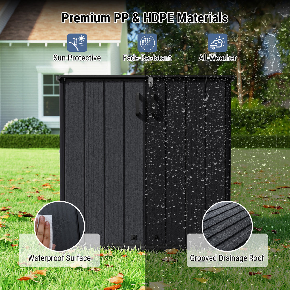All-Weather Storage Box with Floor and Removable Shelf for Patio and Lawn-Black