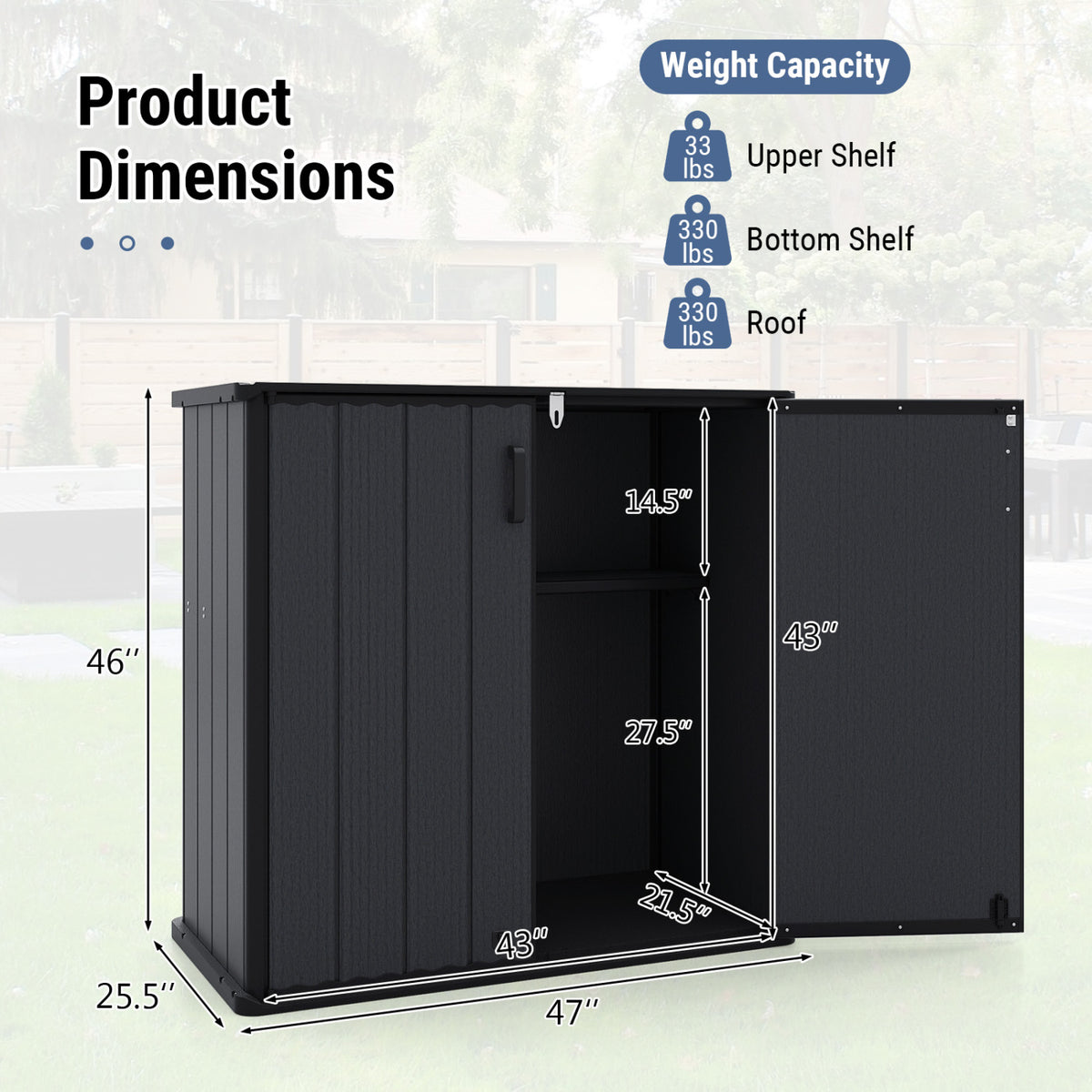 All-Weather Storage Box with Floor and Removable Shelf for Patio and Lawn-Black