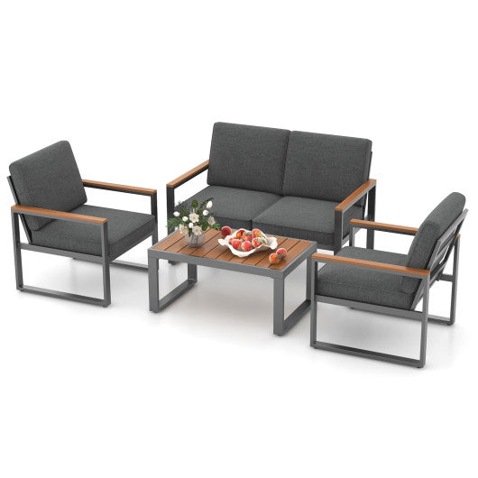 4 Piece Patio Aluminum Furniture Set with Armrests and Tabletop-Gray