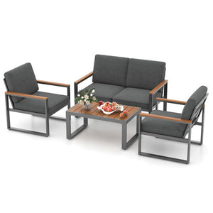 4 Piece Patio Aluminum Furniture Set with Armrests and Tabletop-Gray