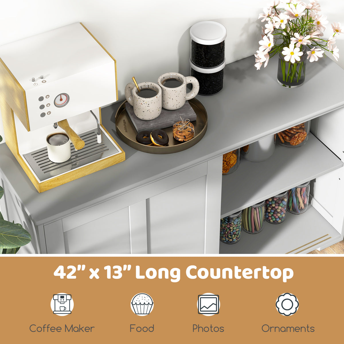 Antique Stackable Kitchen Storage Sideboard with Height Adjustable Shelf-Gray