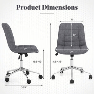 Armless Office Chair Upholstered Makeup Vanity Chair with Adjustable Height and Wheels-Grey