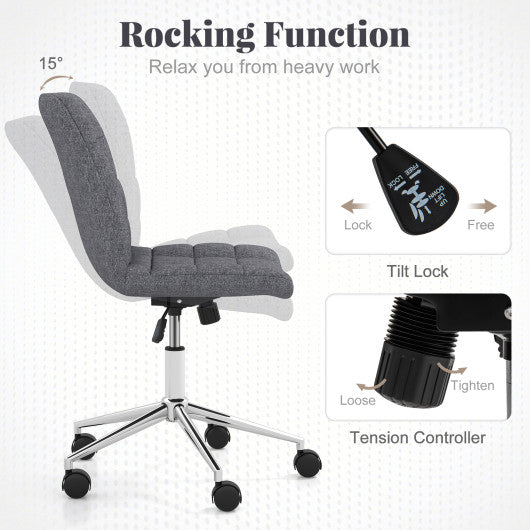 Armless Office Chair Upholstered Makeup Vanity Chair with Adjustable Height and Wheels-Grey