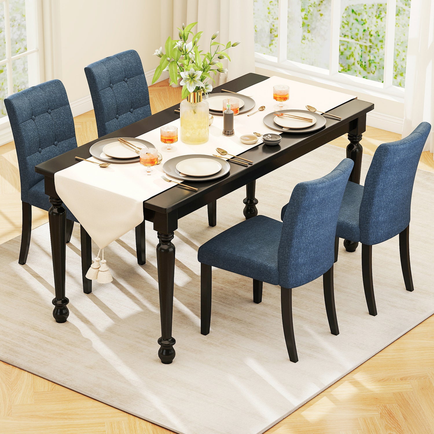 Set of 2 Tufted Dining Chairs Armless with Rubber Wood Legs-Dark Blue