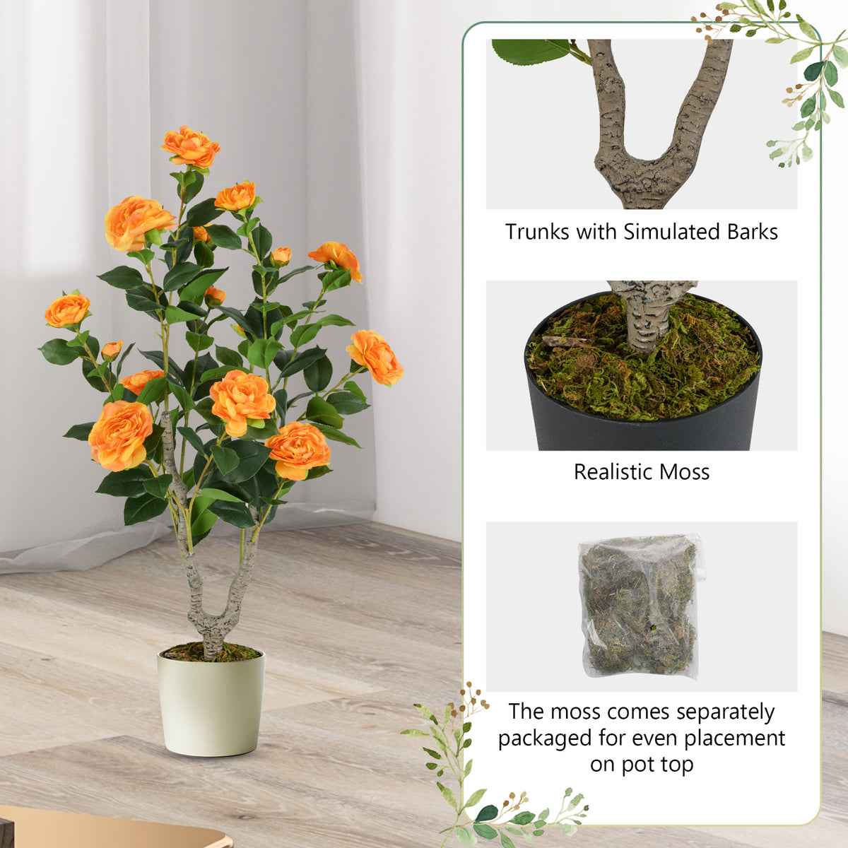 36 Inch Artificial Camellia Tree with Blooming Flower 1 Pack-Orange