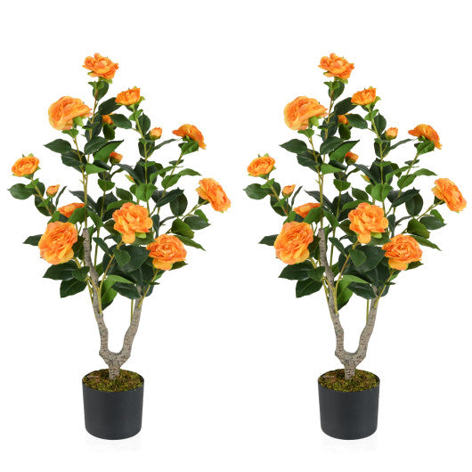 36 Inch Artificial Camellia Tree with Blooming Flower 2 Pack-Orange