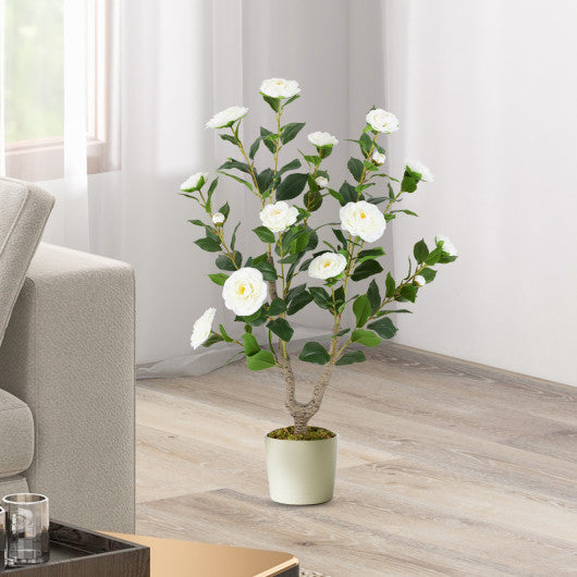 36 Inch Artificial Camellia Tree with Blooming Flower 2 Pack-White