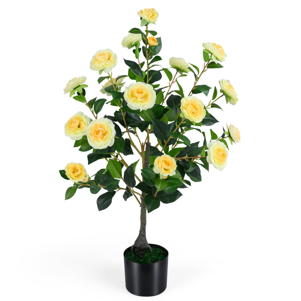 Artificial Camellia Tree Faux Flower Plant in Cement-Filled Pot-Yellow