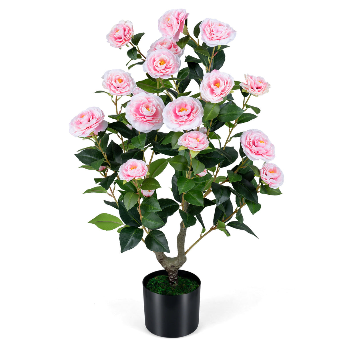 Artificial Camellia Tree Faux Flower Plant in Cement-Filled Pot-Pink