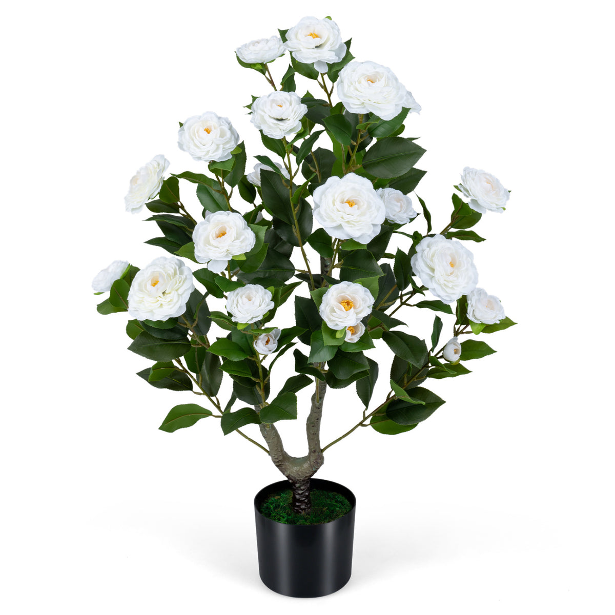 Artificial Camellia Tree Faux Flower Plant in Cement-Filled Pot-White