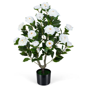 Artificial Camellia Tree Faux Flower Plant in Cement-Filled Pot-White