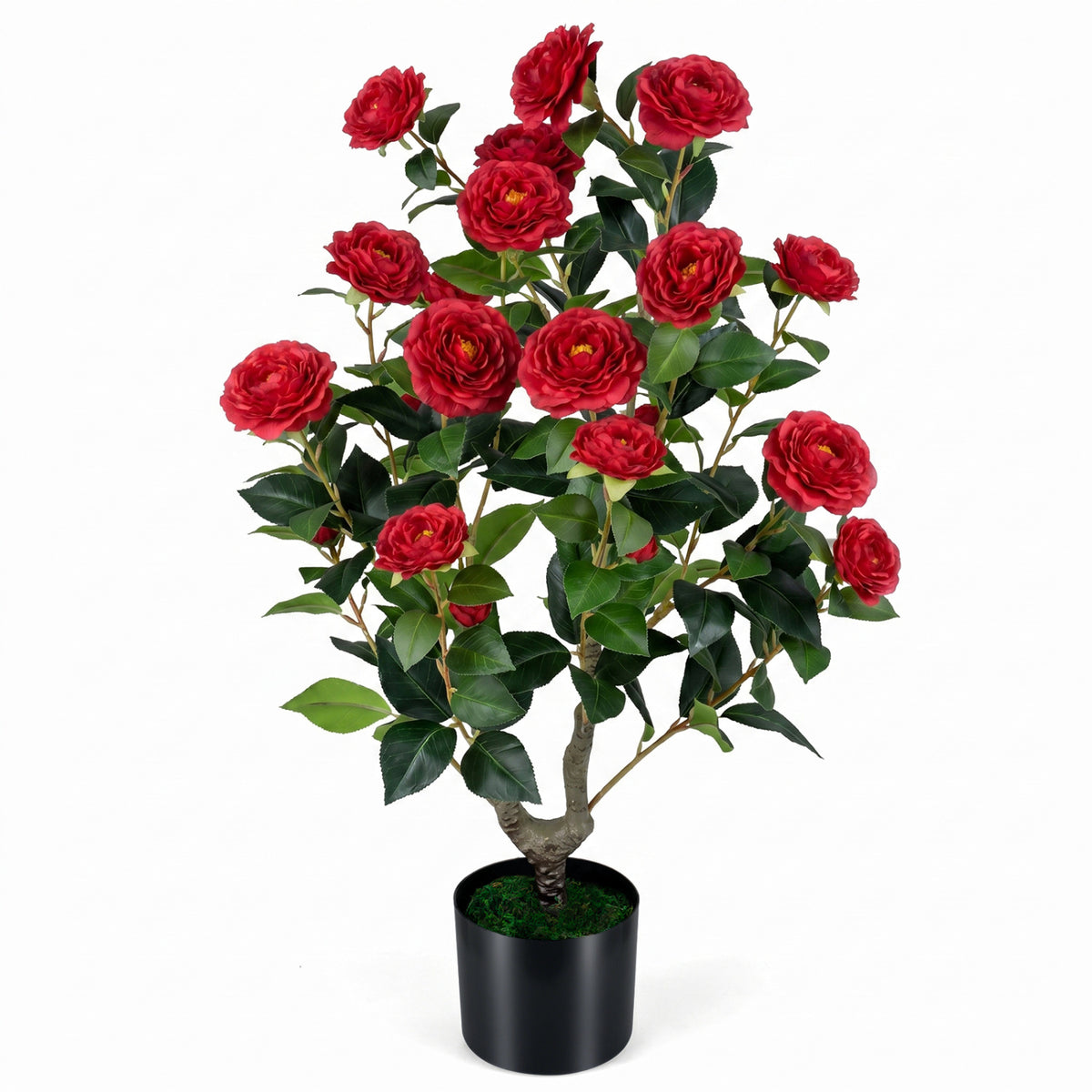 Artificial Camellia Tree Faux Flower Plant in Cement-Filled Pot=Red