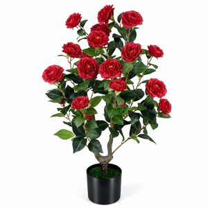 Artificial Camellia Tree Faux Flower Plant in Cement-Filled Pot=Red