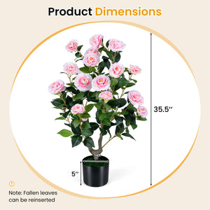 Artificial Camellia Tree Faux Flower Plant in Cement-Filled Pot-Pink