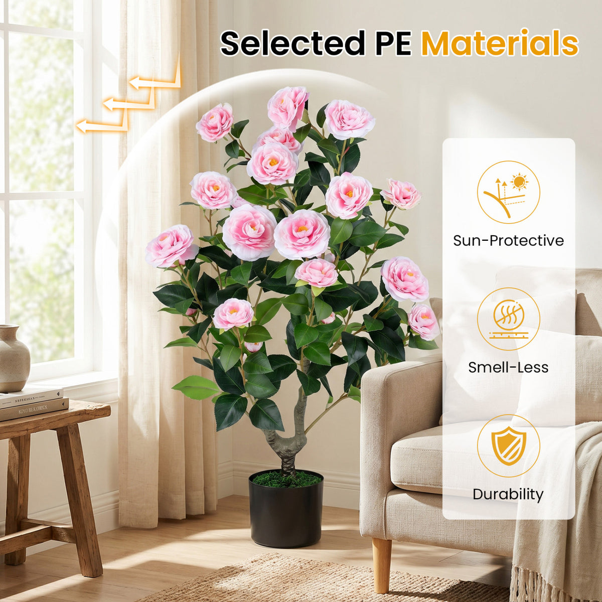 Artificial Camellia Tree Faux Flower Plant in Cement-Filled Pot-Pink