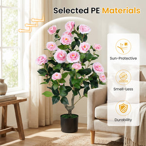 Artificial Camellia Tree Faux Flower Plant in Cement-Filled Pot-Pink
