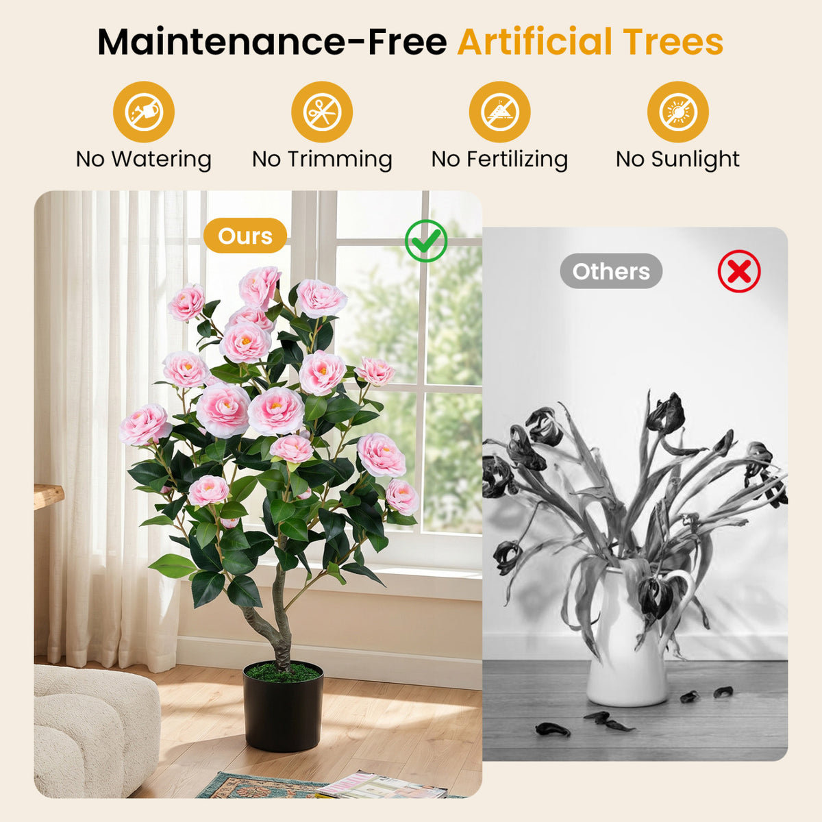 Artificial Camellia Tree Faux Flower Plant in Cement-Filled Pot-Pink