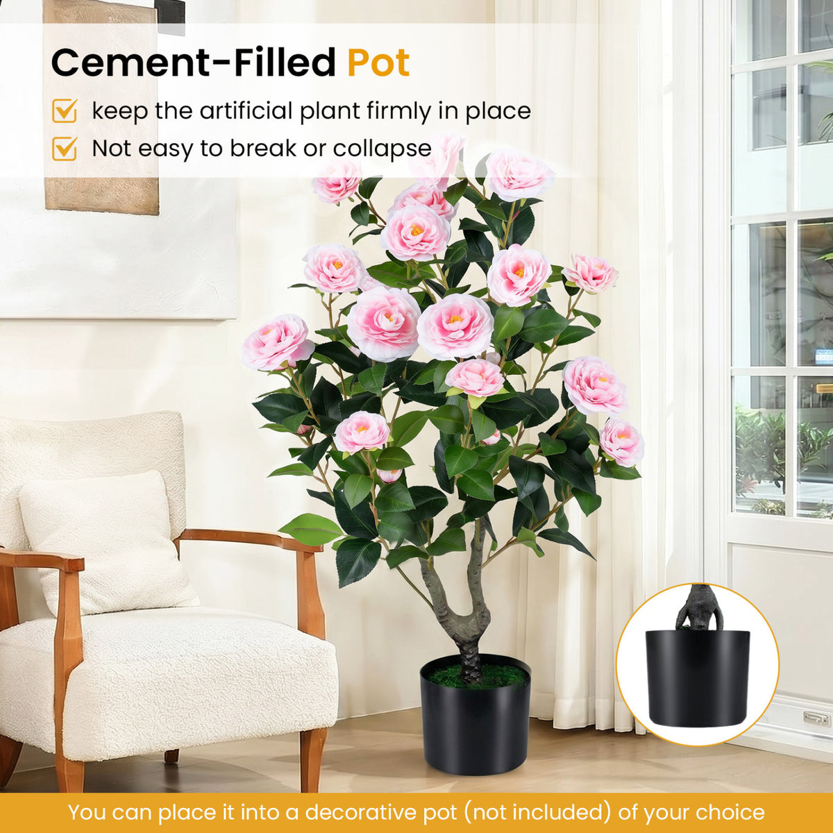 Artificial Camellia Tree Faux Flower Plant in Cement-Filled Pot-Pink