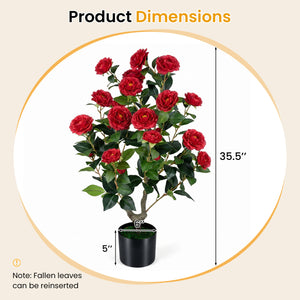 Artificial Camellia Tree Faux Flower Plant in Cement-Filled Pot=Red