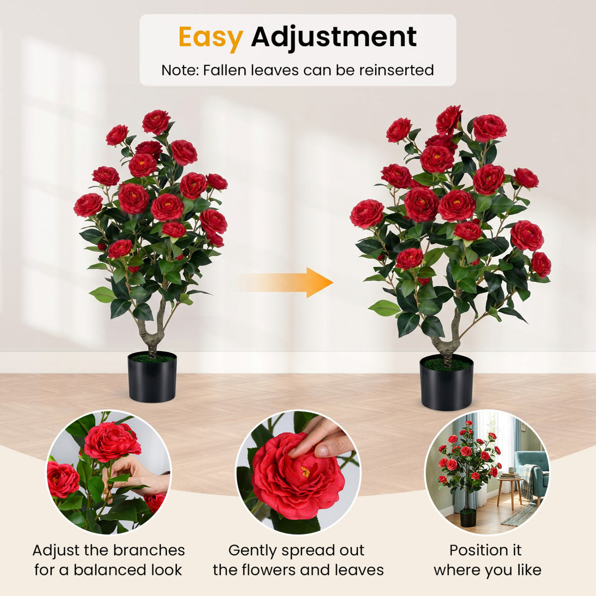 Artificial Camellia Tree Faux Flower Plant in Cement-Filled Pot=Red
