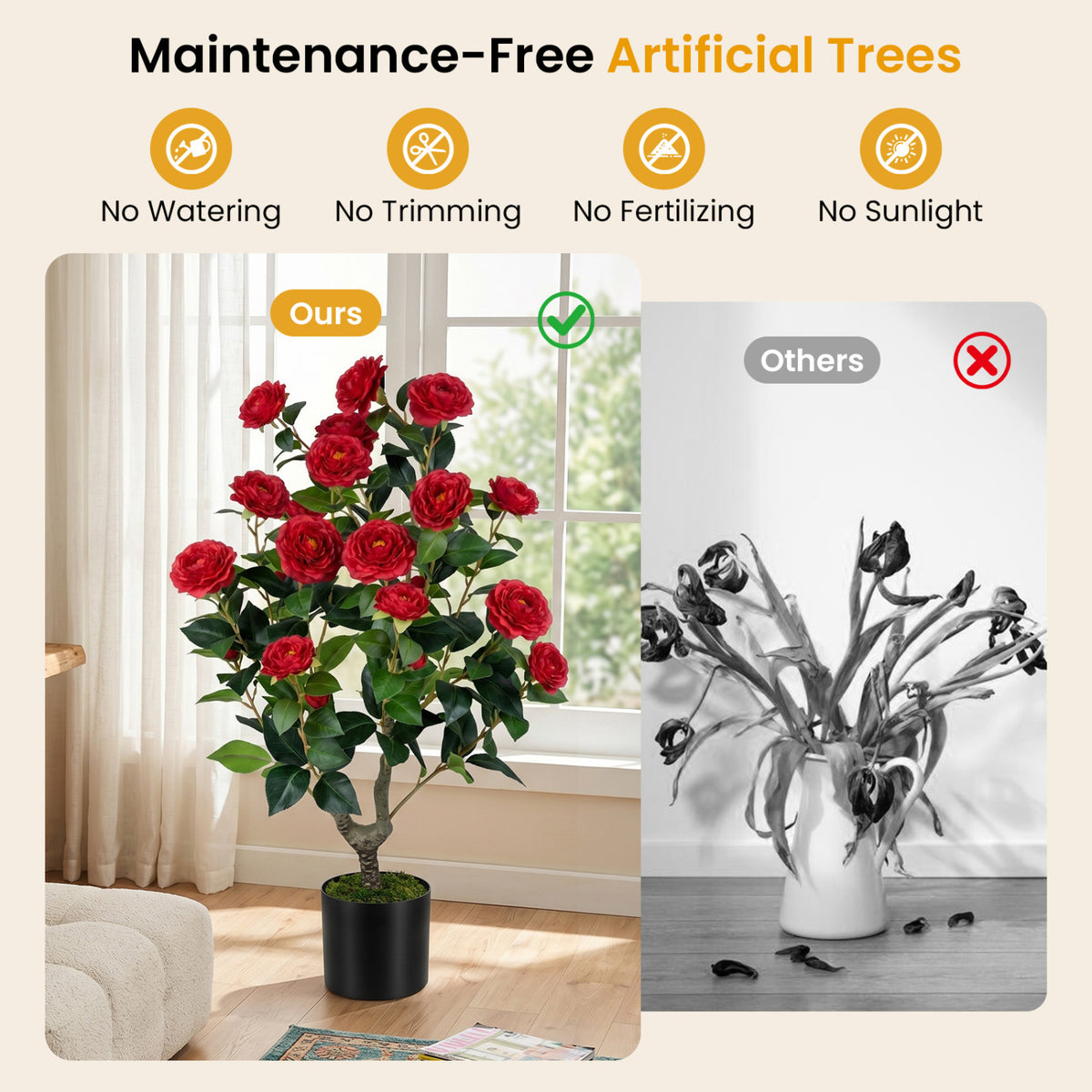 Artificial Camellia Tree Faux Flower Plant in Cement-Filled Pot=Red