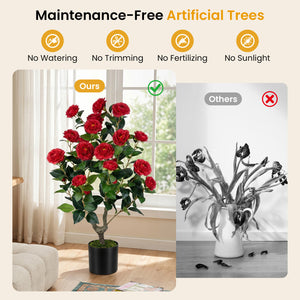 Artificial Camellia Tree Faux Flower Plant in Cement-Filled Pot=Red