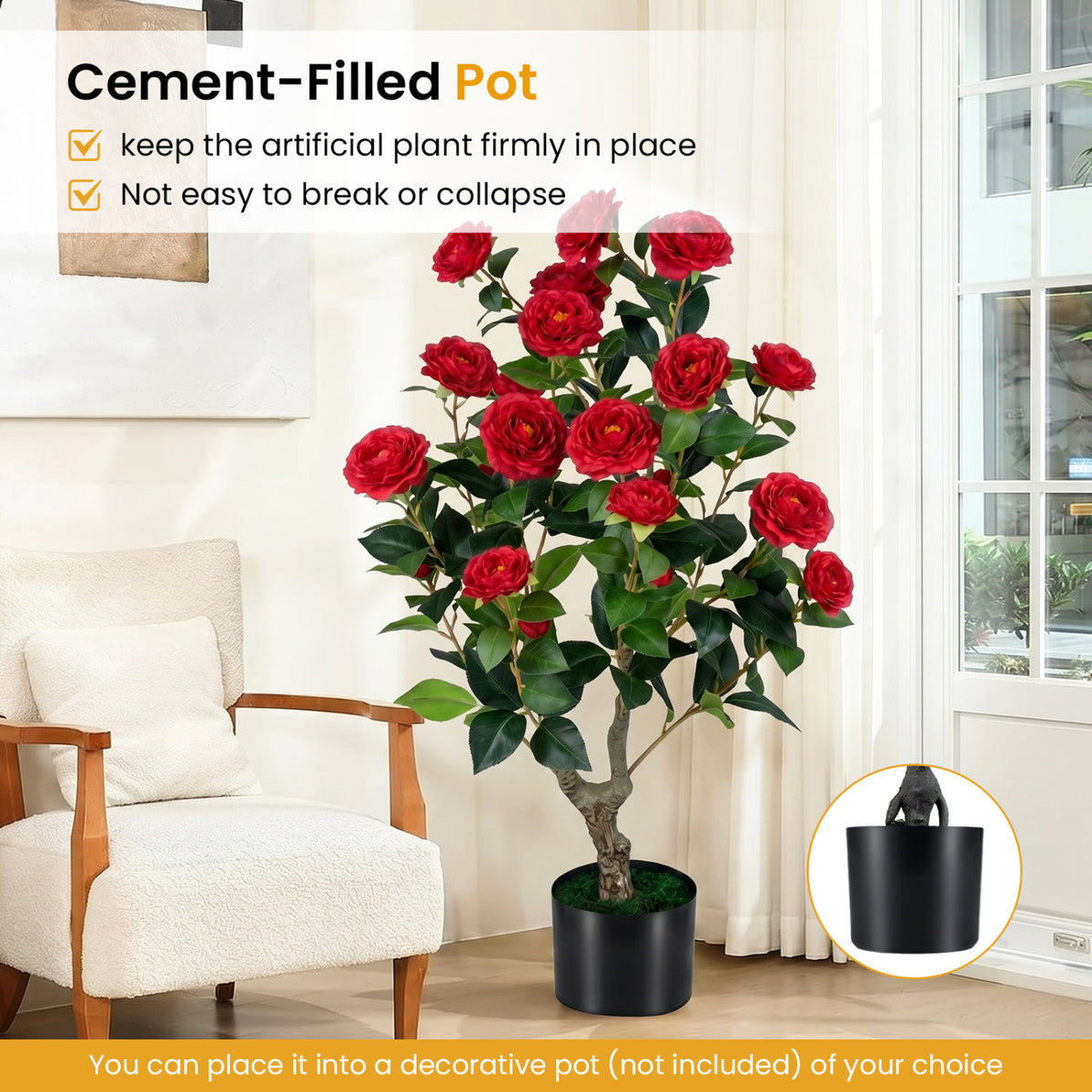 Artificial Camellia Tree Faux Flower Plant in Cement-Filled Pot=Red