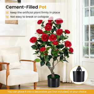 Artificial Camellia Tree Faux Flower Plant in Cement-Filled Pot=Red