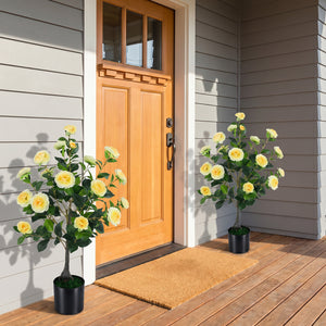 Artificial Camellia Tree Faux Flower Plant in Cement-Filled Pot-Yellow