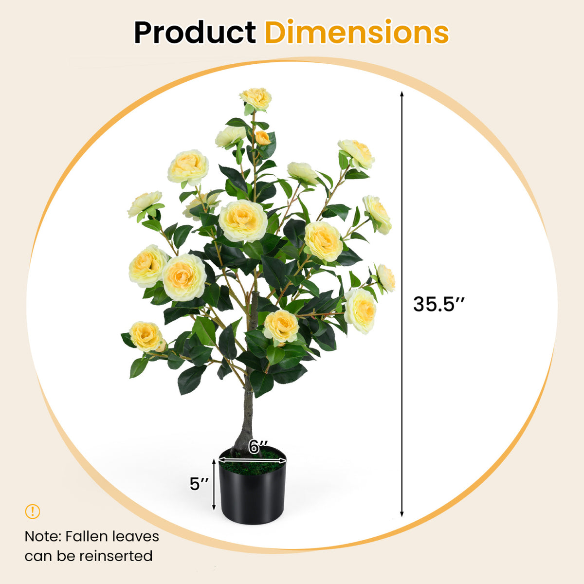 Artificial Camellia Tree Faux Flower Plant in Cement-Filled Pot-Yellow