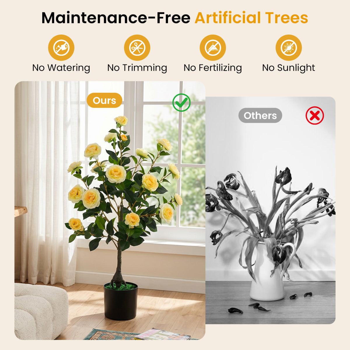 Artificial Camellia Tree Faux Flower Plant in Cement-Filled Pot-Yellow