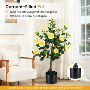 Artificial Camellia Tree Faux Flower Plant in Cement-Filled Pot-Yellow