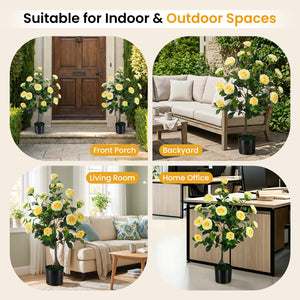 Artificial Camellia Tree Faux Flower Plant in Cement-Filled Pot-Yellow
