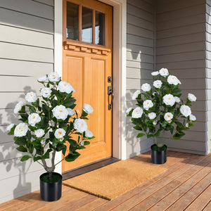 Artificial Camellia Tree Faux Flower Plant in Cement-Filled Pot-White