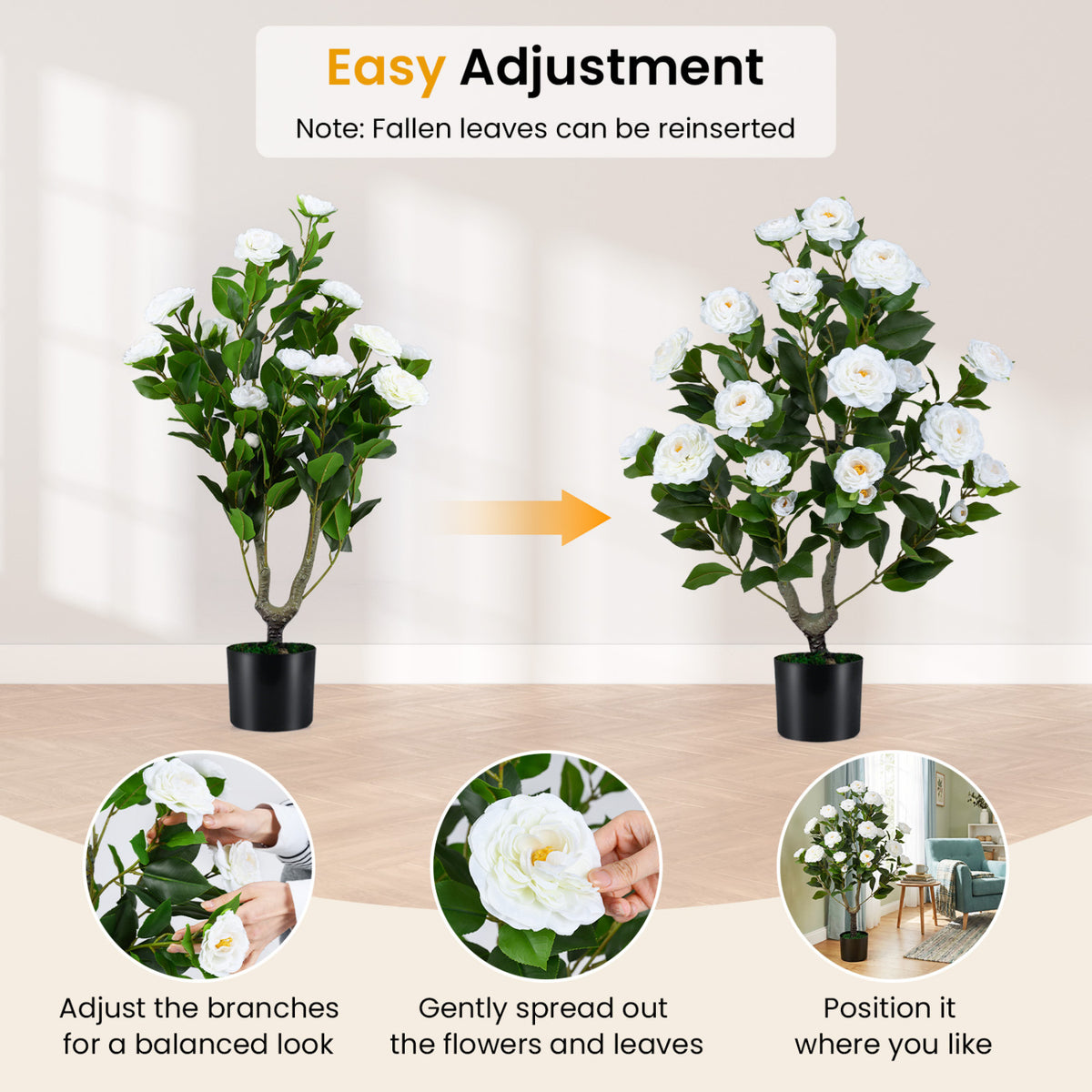 Artificial Camellia Tree Faux Flower Plant in Cement-Filled Pot-White