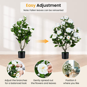 Artificial Camellia Tree Faux Flower Plant in Cement-Filled Pot-White