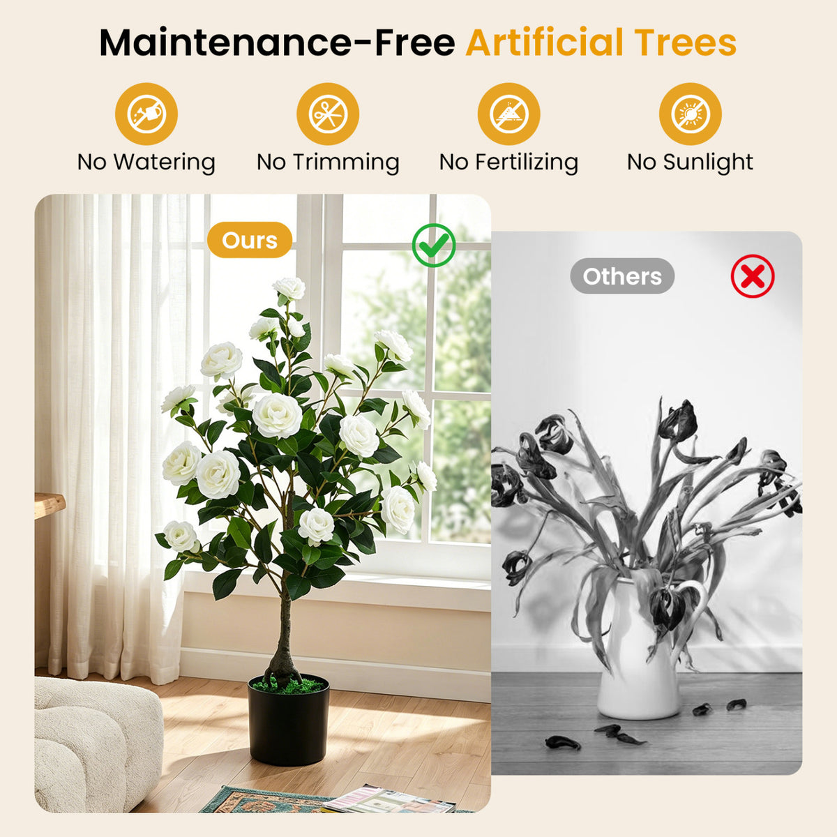 Artificial Camellia Tree Faux Flower Plant in Cement-Filled Pot-White