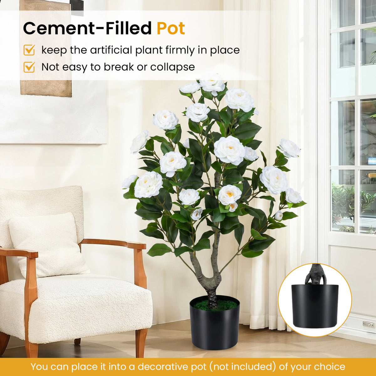 Artificial Camellia Tree Faux Flower Plant in Cement-Filled Pot-White