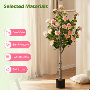 Artificial Camellia Tree with 27 Blossoms in Cement Pot for Home-Set of 1