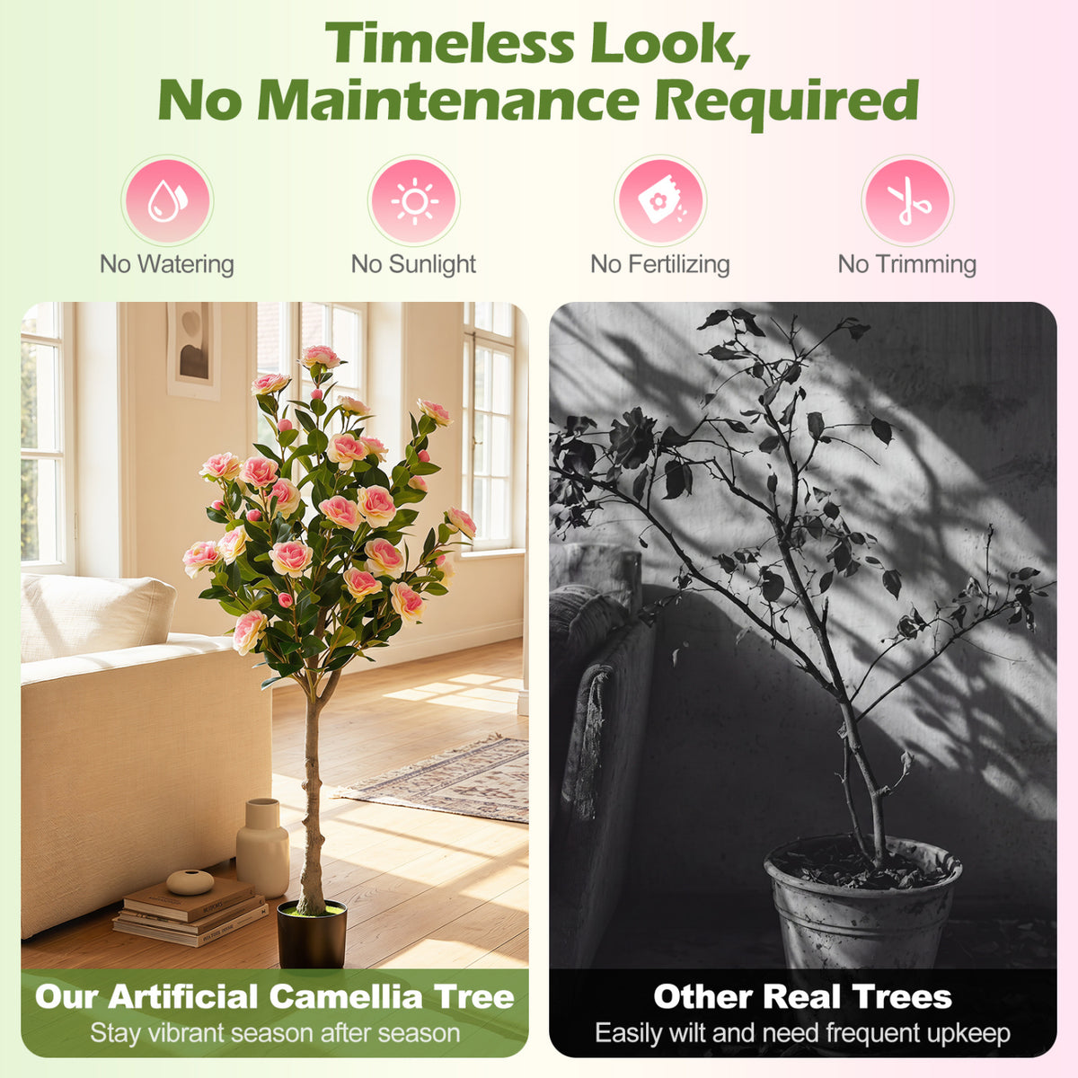 Artificial Camellia Tree with 27 Blossoms in Cement Pot for Home-Set of 1