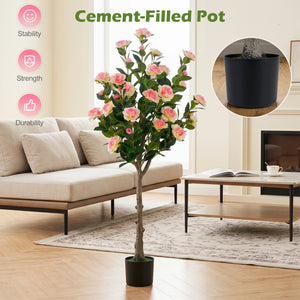 Artificial Camellia Tree with 27 Blossoms in Cement Pot for Home-Set of 1